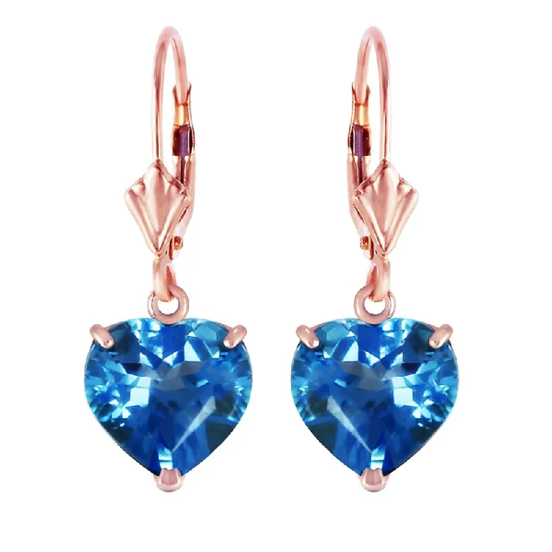 14K Solid Rose Gold Leverback Earrings Natural 10mm Heart Blue Topaz