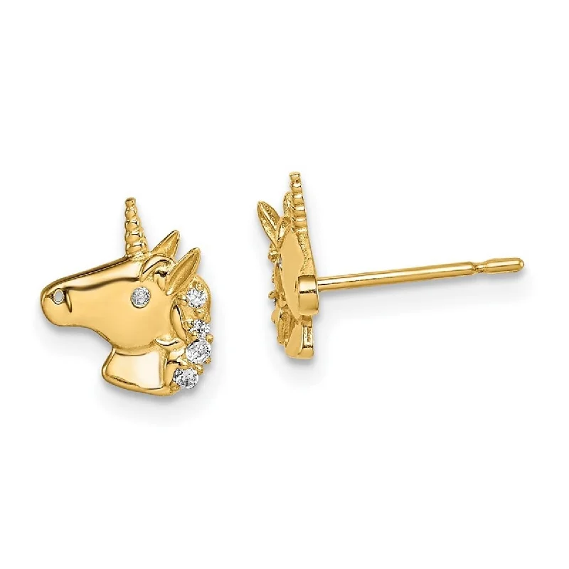 Curata 14k Yellow Gold Unicorn CZ Cubic Zirconia Stud Earrings - 9.2mm long