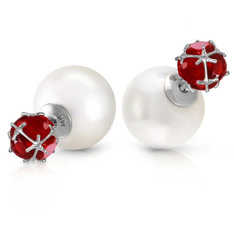 14K Solid Gold Tribal Double Shell Pearls And Rubies Stud Earrings