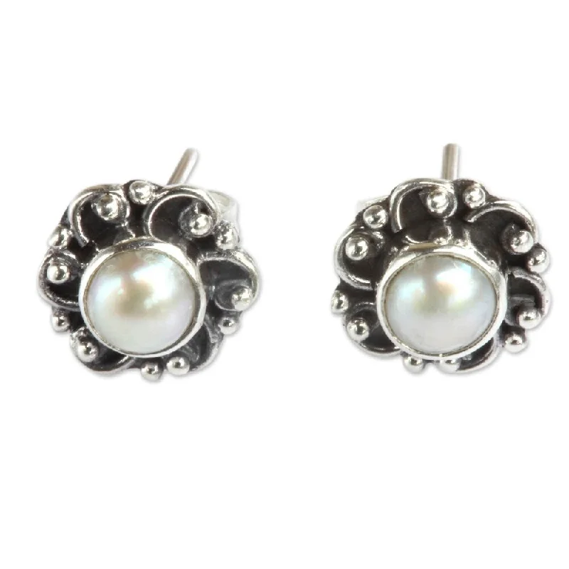 NOVICA Handmade Sterling Silver 'Moonlit Blossoms' Pearl Earrings (3.5 mm) (Indonesia)