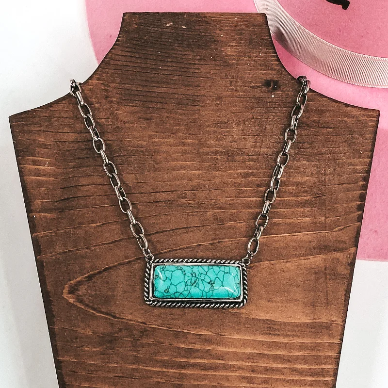 Western Silver Tone Chain Necklace with Bar Pendant in Turquoise