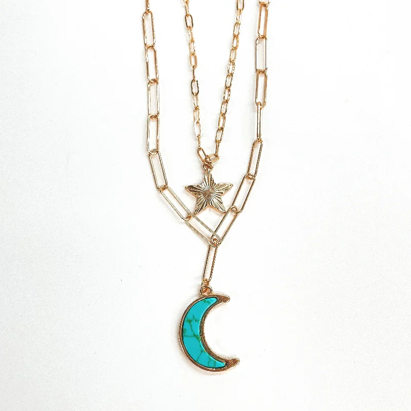 Double Layered Gold Paperclip Chain with Gold Star and Moon in Semi Precious Stone Pendant in Turquoise