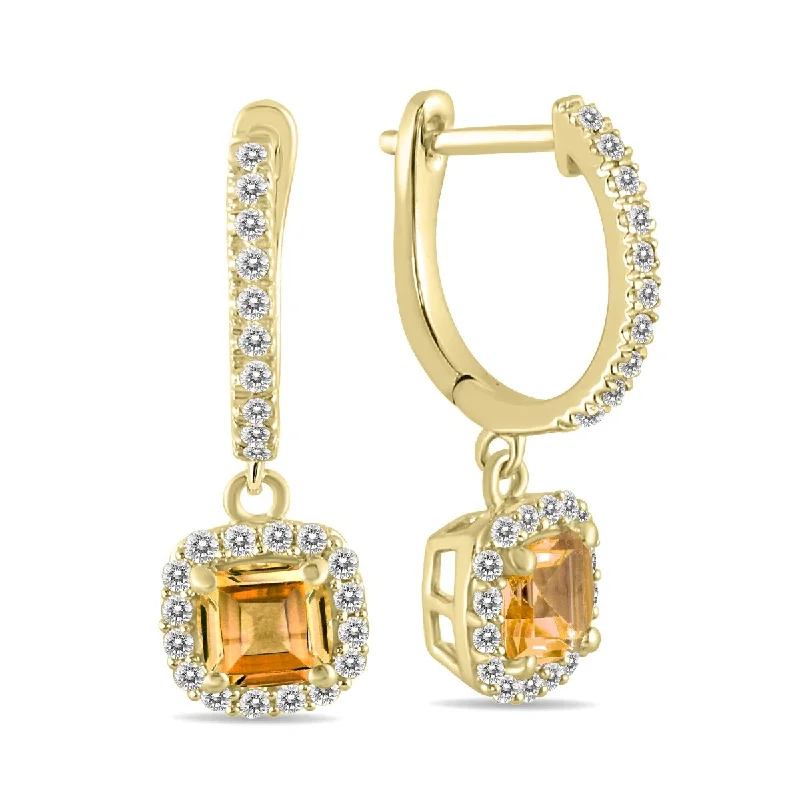 Marquee 1 Carat Citrine and Diamond Halo Dangle Earrings in 10K Yellow Gold