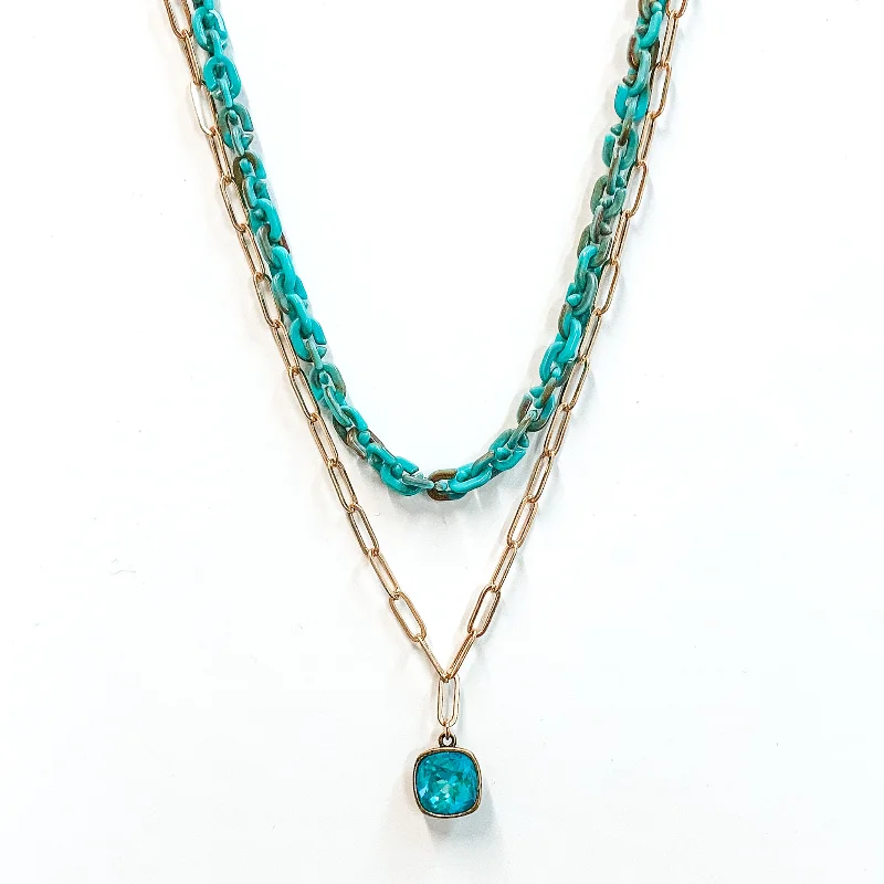 Pink Panache | Two Strand Chain Necklace with Turquoise Cushion Cut Crystal Drop in Gold and Turquoise