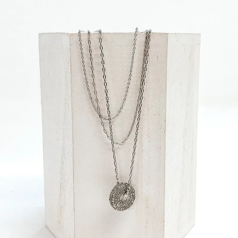 3 Stranded Chain Necklace with Crystalized Round Pendant in Silver