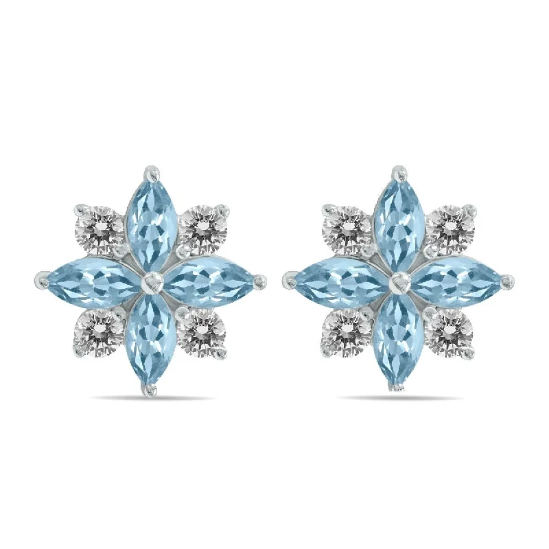 Marquee 1 Carat TW Aquamarine and Diamond Flower Earrings in 10K White Gold