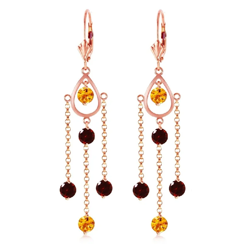 14K Solid Rose Gold Chandelier Earrings with Citrines & Garnets