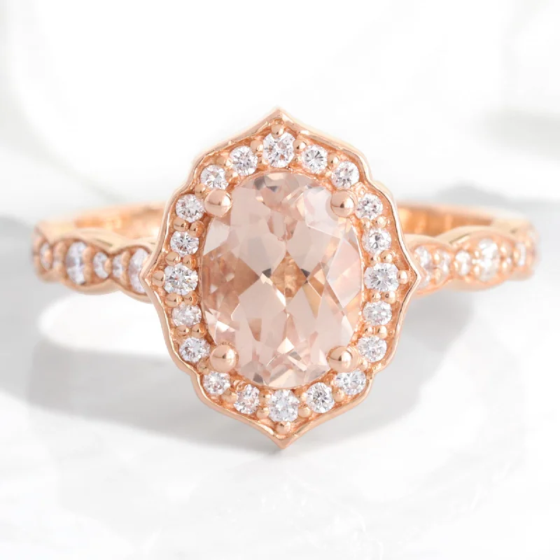 Oval Morganite and Diamond Ring in Vintage Floral Scalloped Band