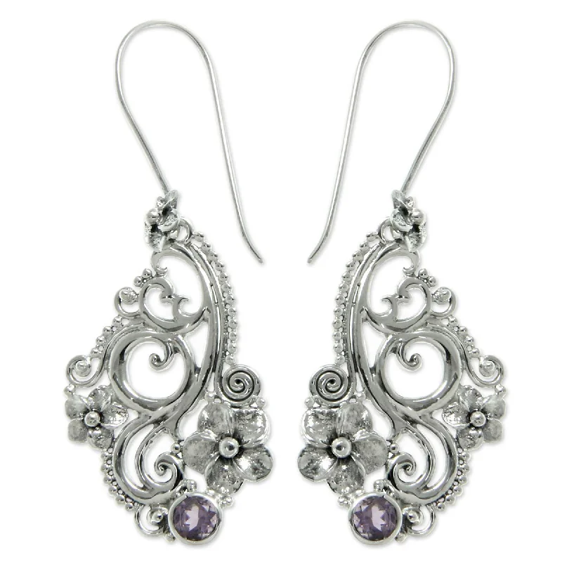 NOVICA Sterling Silver 'Frangipani Arabesques' Amethyst Earrings (Indonesia)