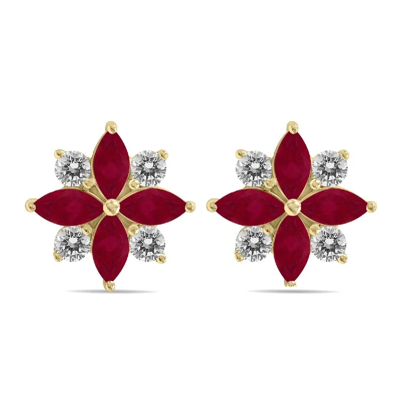 Marquee 1 Carat TW Ruby and Diamond Flower Earrings in 10K Yellow Gold