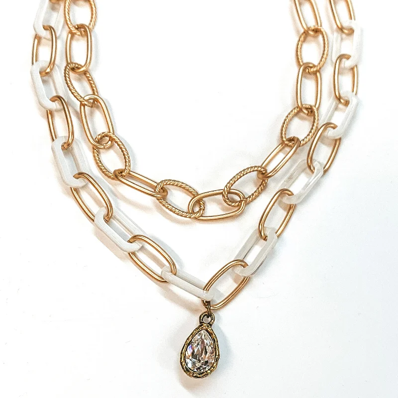 Pink Panache | Two Strand Chain Necklace with Clear Teardrop Crystal in Gold and White