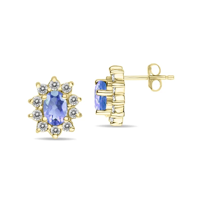 Marquee Oval Shape Tanzanite and Diamond Flower Earrings in 14K Yellow Gold