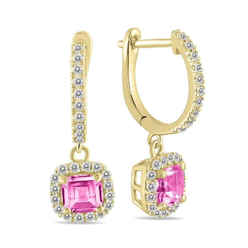 Marquee 1 Carat Pink Topaz and Diamond Halo Dangle Earrings in 10K Yellow Gold