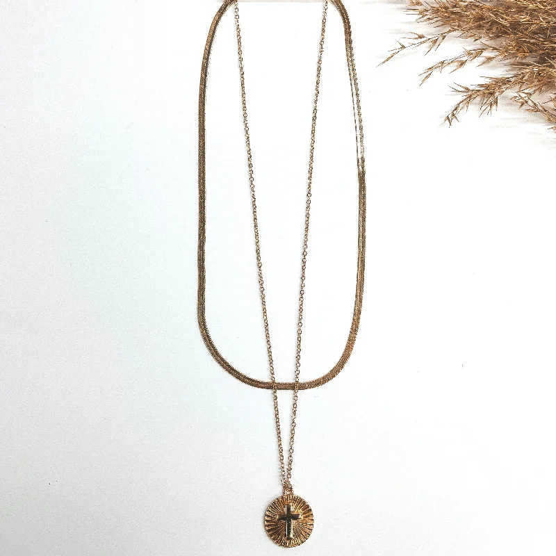 Layered Herringbone Chain Necklace with Circle Sunburst Cross Pendant in Gold