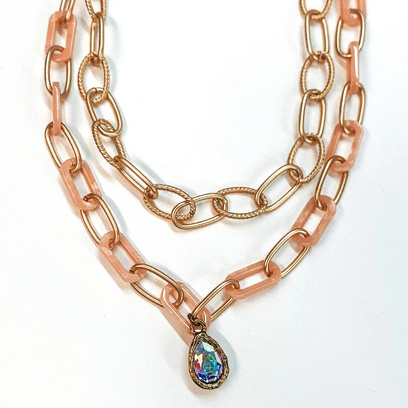 Pink Panache | Two Strand Chain Necklace with Clear Teardrop Crystal in Gold and Light Pink