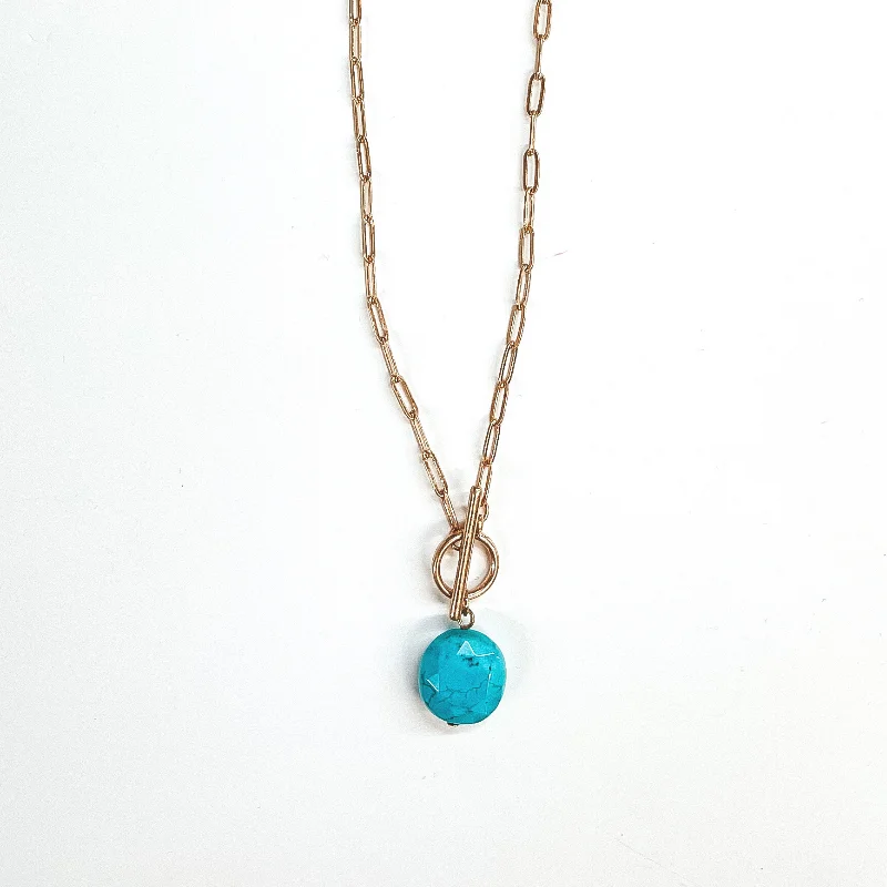 Gold Paperclip Chain with Circle Stone Pendant in Turquoise