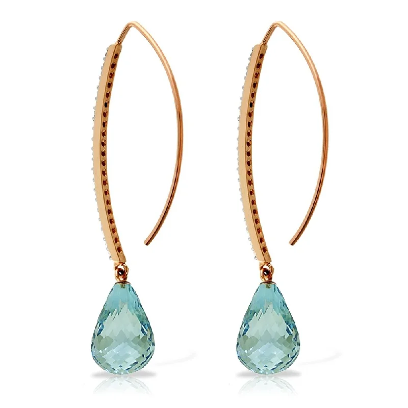 14K Solid Rose Gold Diamonds Fish Hook Earrings with Dangling Briolette Blue Topaz