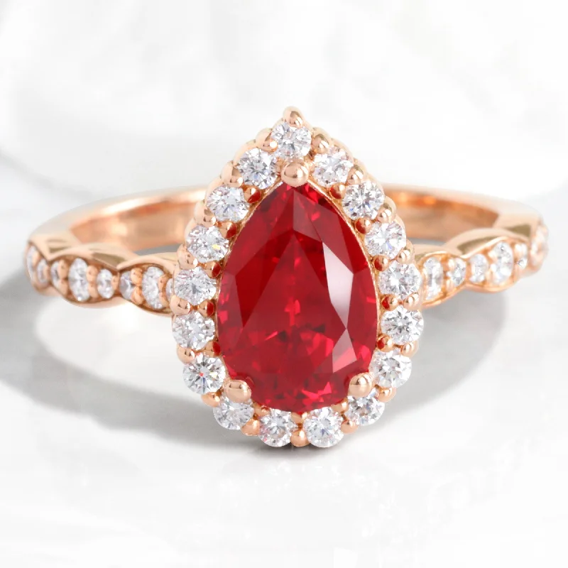 Pear Ruby Engagement Ring in Luna Halo Diamond Scalloped Band