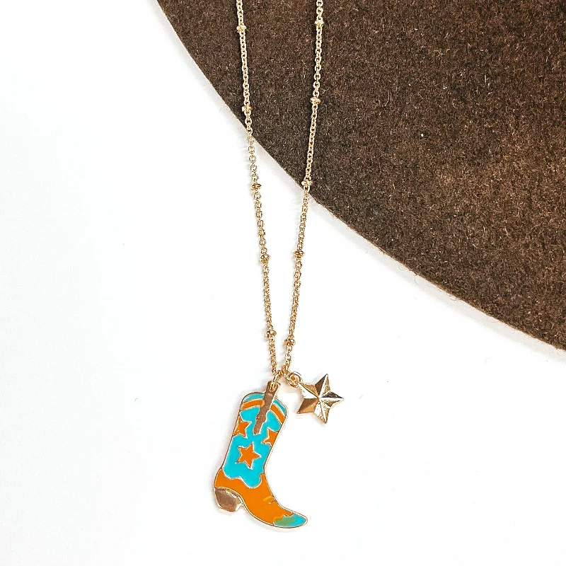 Gold Necklace with Star Boot Pendant in Turquoise and Tan