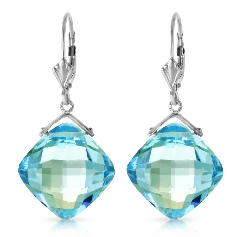 17.5 Carat 14K Solid White Gold Leverback Earrings Checkerboard Cut Blue Topaz