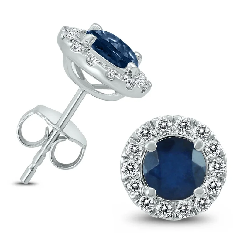 Marquee Genuine 1 3/4 Carat TW Natural Sapphire And Real Diamond Halo Earrings in 14K White Gold