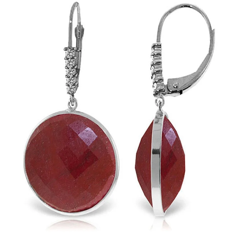 14K Solid Gold Diamonds Leverback Earrings w/ Round Dyed Rubies