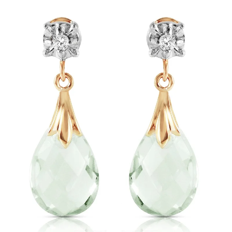 14K Solid Gold Stud Gemstone Earrings Diamond & Green Amethyst