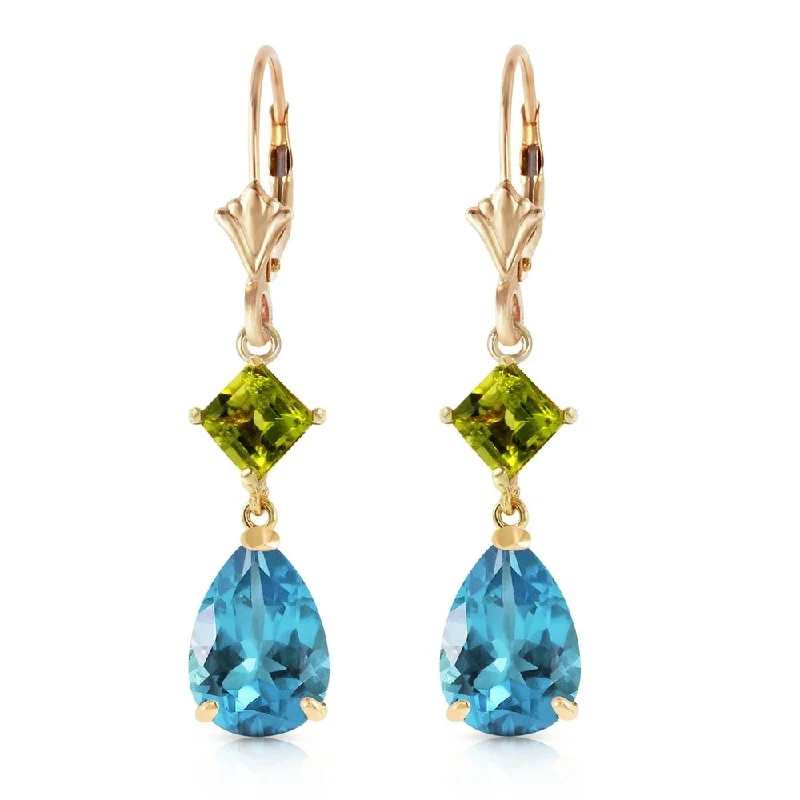 4.5 CTW 14K Solid Gold Leverback Earrings Peridot Blue Topaz