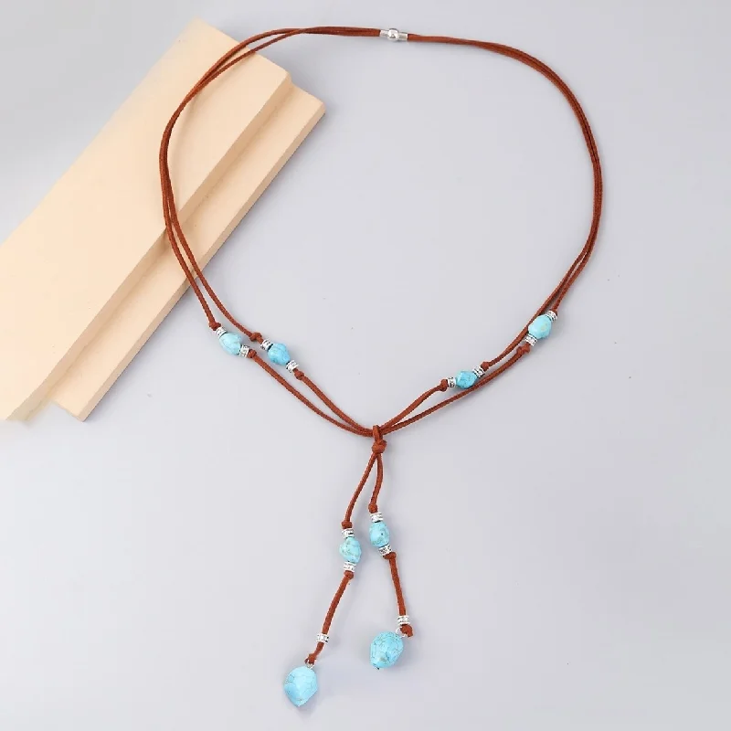 Turquoise Adjustable Suede Rope Women Necklace Bohemian Style Pendant Necklace Hook Earrings Jewelry Accessories