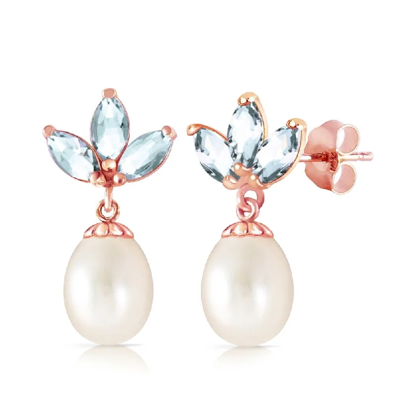 14K Solid Rose Gold Dangling Earrings with pearls & Aquamarines