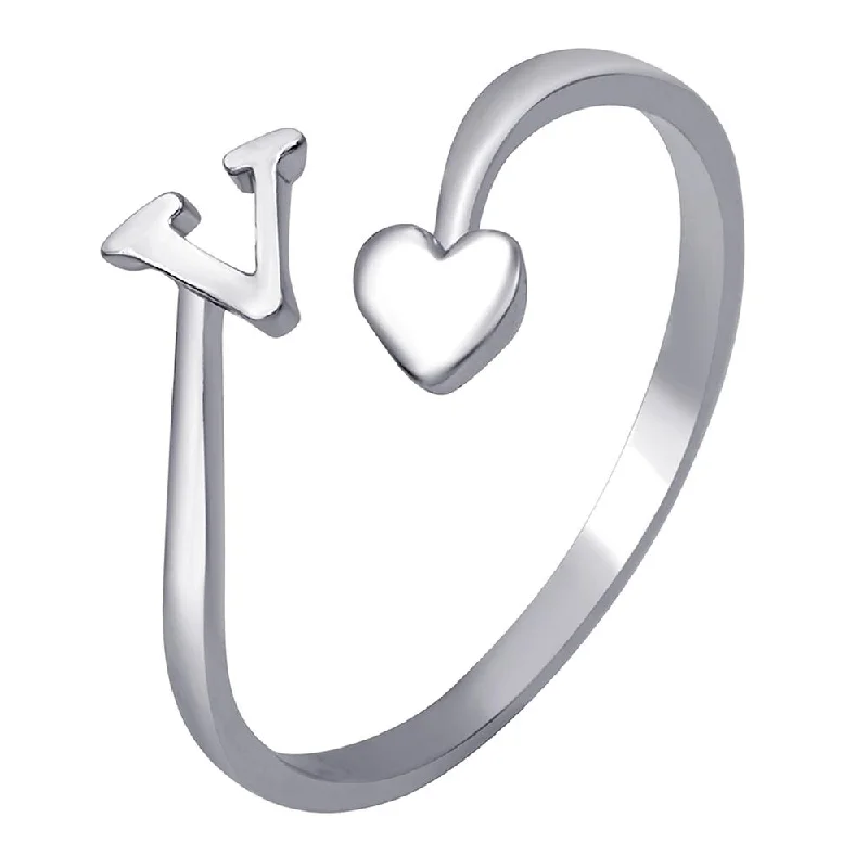 Mahi Rhodium Plated 'V' Initial and Heart Adjustable Finger Ring for Women (FR1103127R)