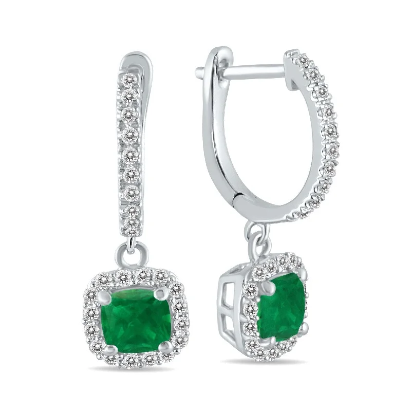 Marquee 1 Carat Emerald and Diamond Halo Dangle Earrings in 10K White Gold