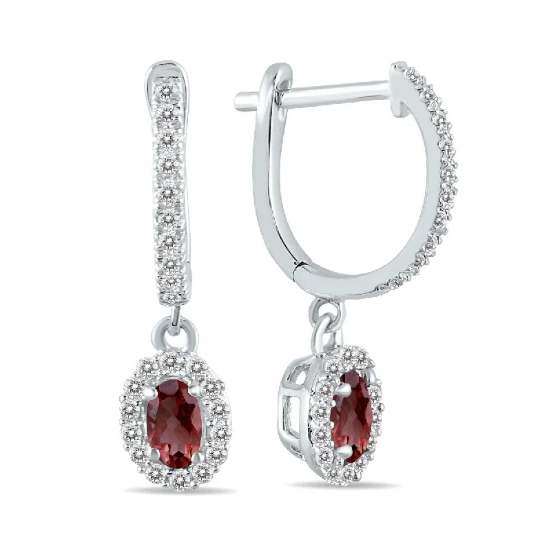 Marquee 1/2 Carat Oval Garnet and Diamond Halo Dangle Earrings in 10K White Gold