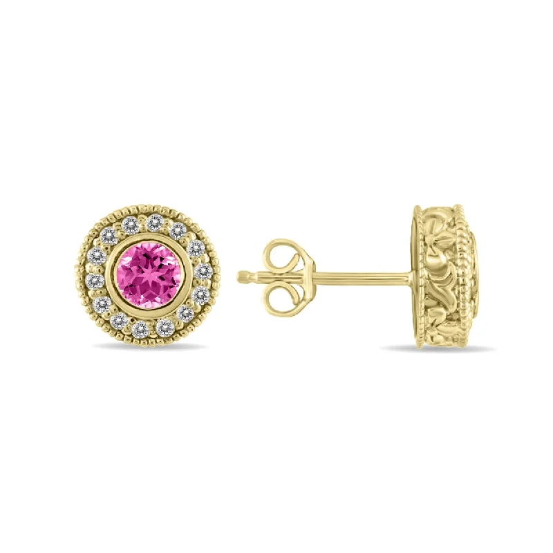 Marquee 1/2 Carat TW Pink Topaz and Diamond Bezel Set Earrings 10K Yellow Gold