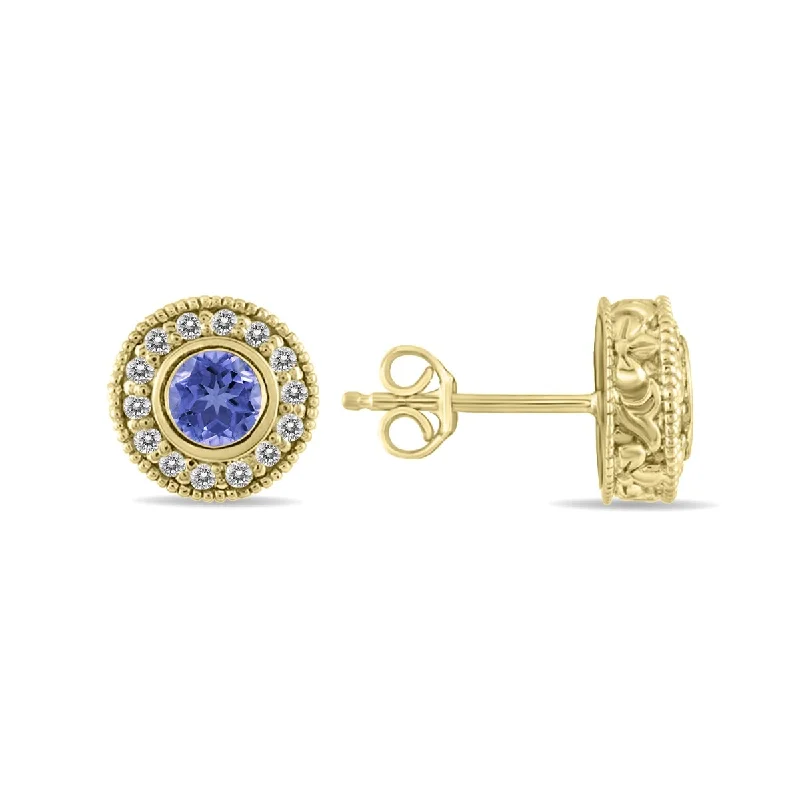 Marquee 1/2 Carat TW Tanzanite and Diamond Bezel Set Earrings 10K Yellow Gold