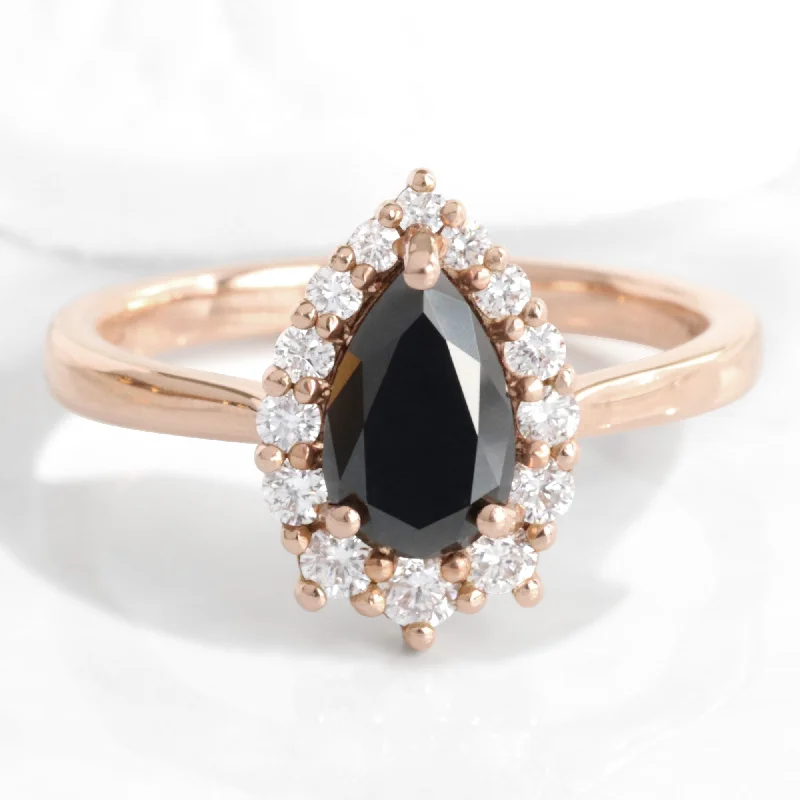 Pear Black Diamond Engagement Ring in Tiara Halo Diamond Tapered Band