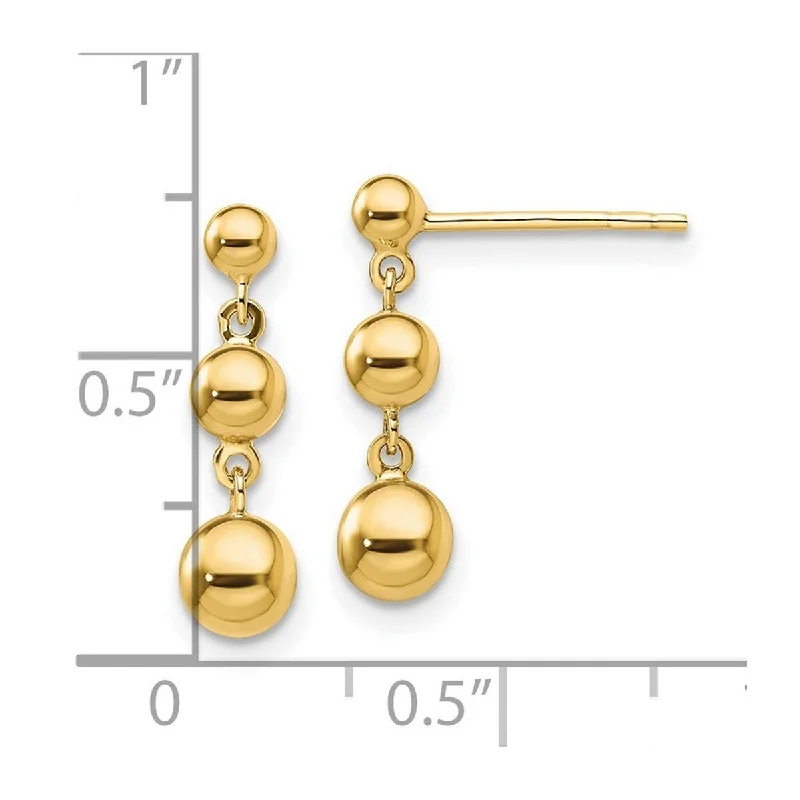 Curata 14k Yellow Gold Graduated 3 Ball Post Earrings - 18x5mm