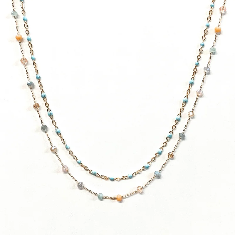 Two Strand Gold Chain Necklace with Bead Spacers in Baby Blue Multi