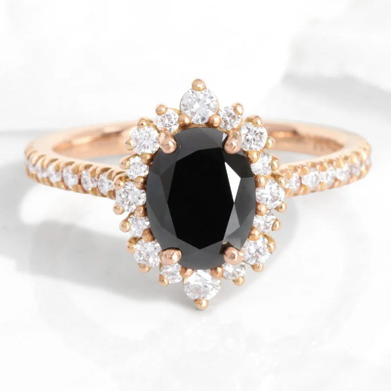 Oval Black Diamond Engagement Ring in Tiara Halo Diamond Pave Band