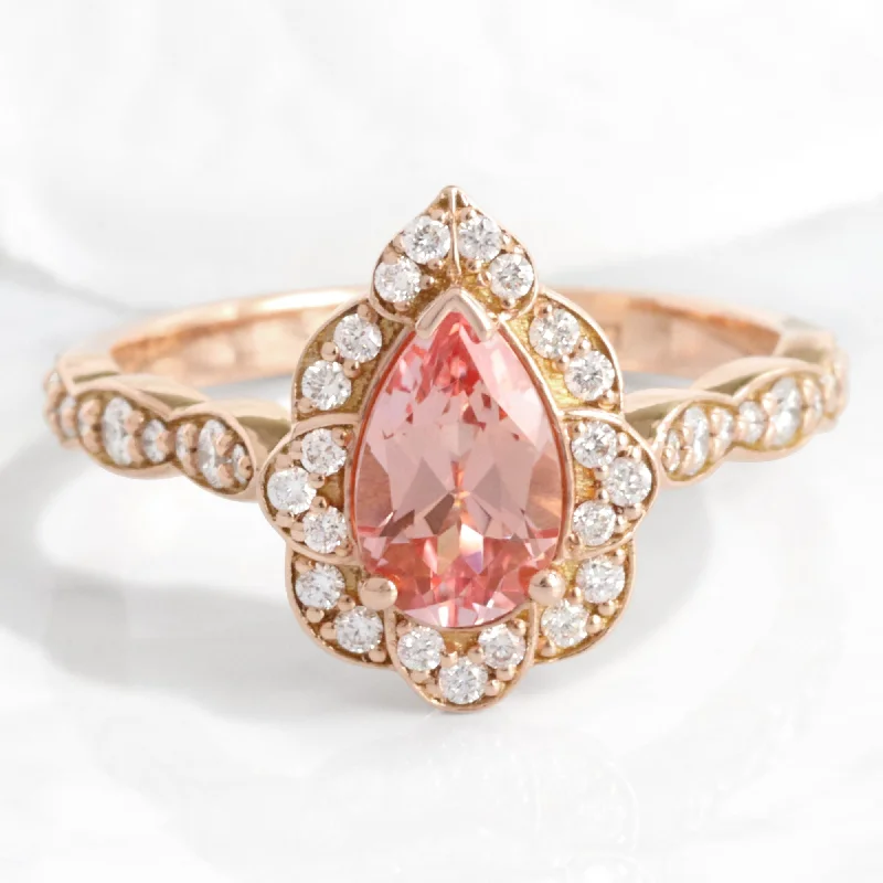 Pear Champagne Peach Sapphire Ring in Vintage Floral Diamond Band