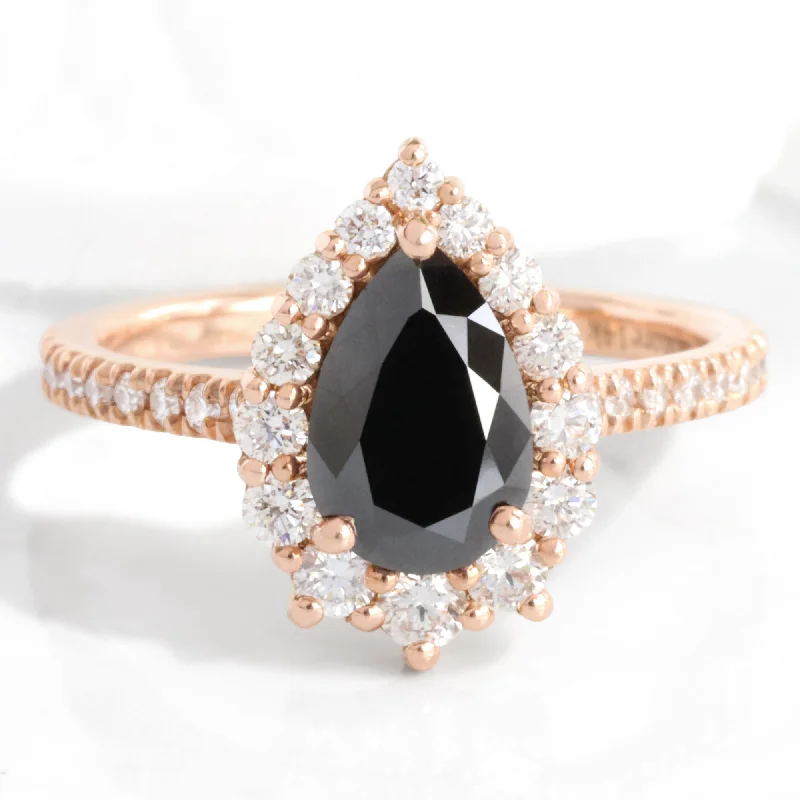 Large Pear Black Diamond Ring in Tiara Halo Diamond Pave Band