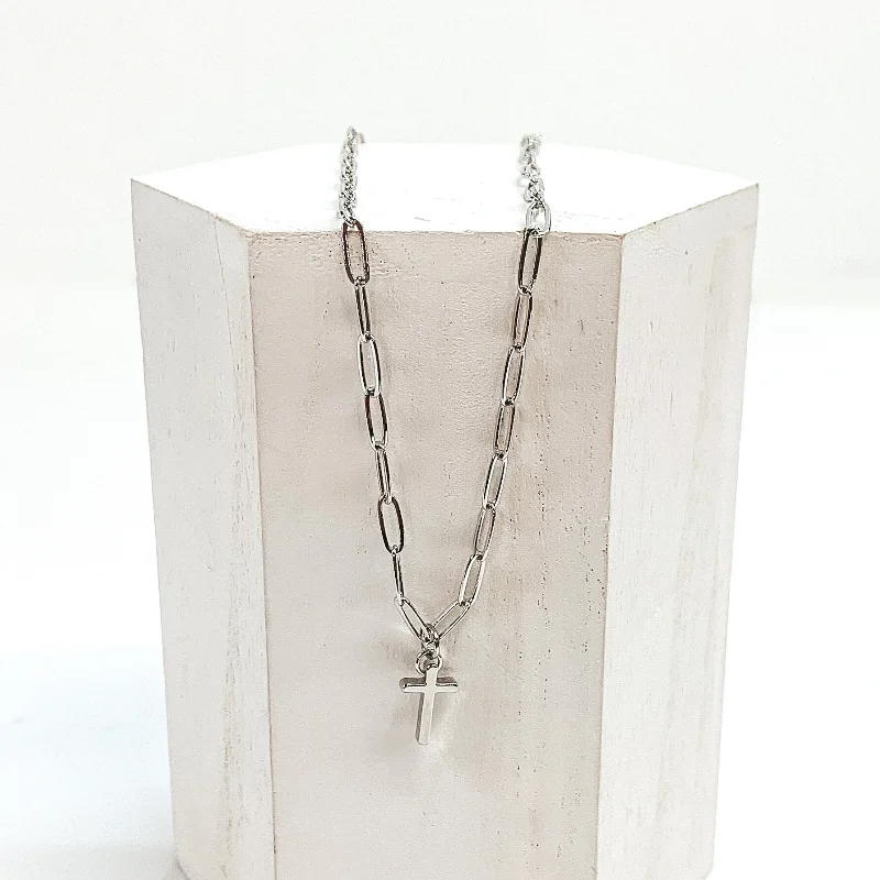 Paperclip Chain Necklace with Cross Charm in Silver