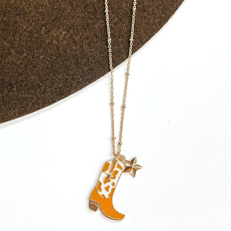 Kick Your Boots Up Gold Necklace with Cow Print Boot Pendant in Ivory and Tan