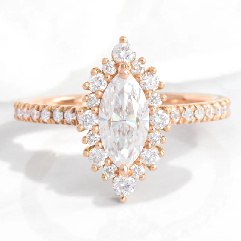 Marquise Moissanite Engagement Ring in Tiara Halo Diamond Pave Band