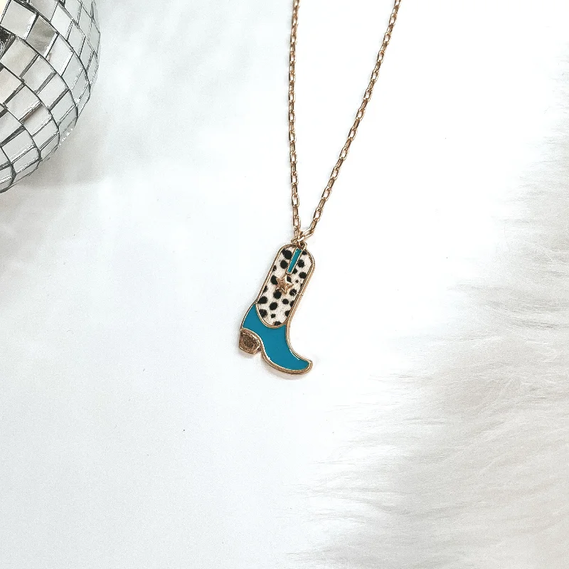 Cowgirl Dreams Gold Necklace with Boot Pendant in Turquoise and Faux Hide Dotted Print