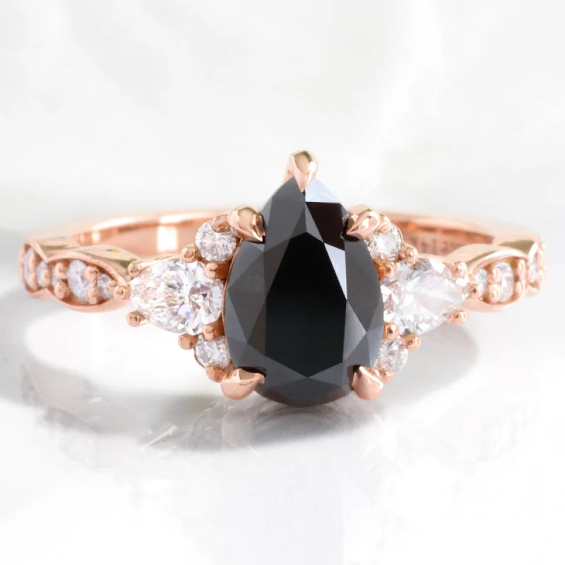 2.2 Ct. Pear Black Diamond Ring in Dahlia 3 Stone Diamond Band