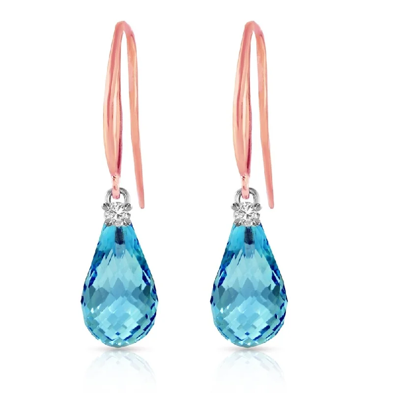 14K Solid Rose Gold Fish Hook Earrings withDiamonds & Blue Topaz