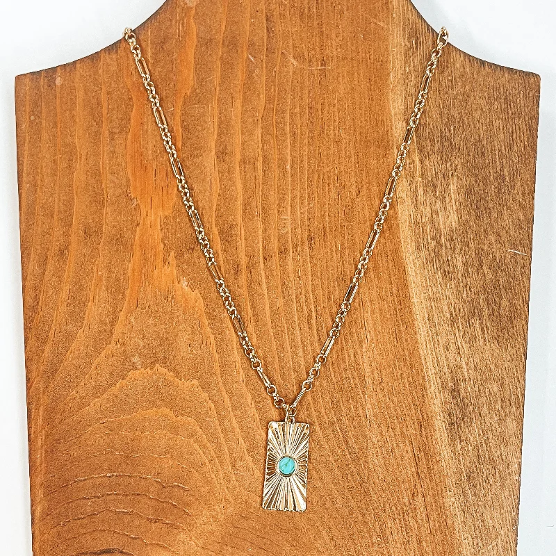 Convince Me Gold Necklace with Sunburst Rectangle Pendant and Small Stone in Turquoise