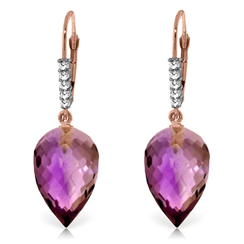 19.15 Carat 14K Solid Gold Drop Briolette Amethyst Diamond Earrings