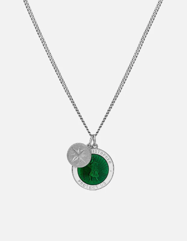 Saint Christopher Surf Necklace, Sterling Silver/Emerald Green